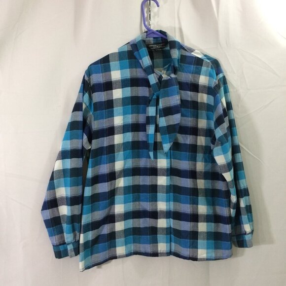 Vintage Sheridan Barnett for Reldan Blouse Blue Plaid Tie Front Hong Kong 14 - Picture 1 of 4